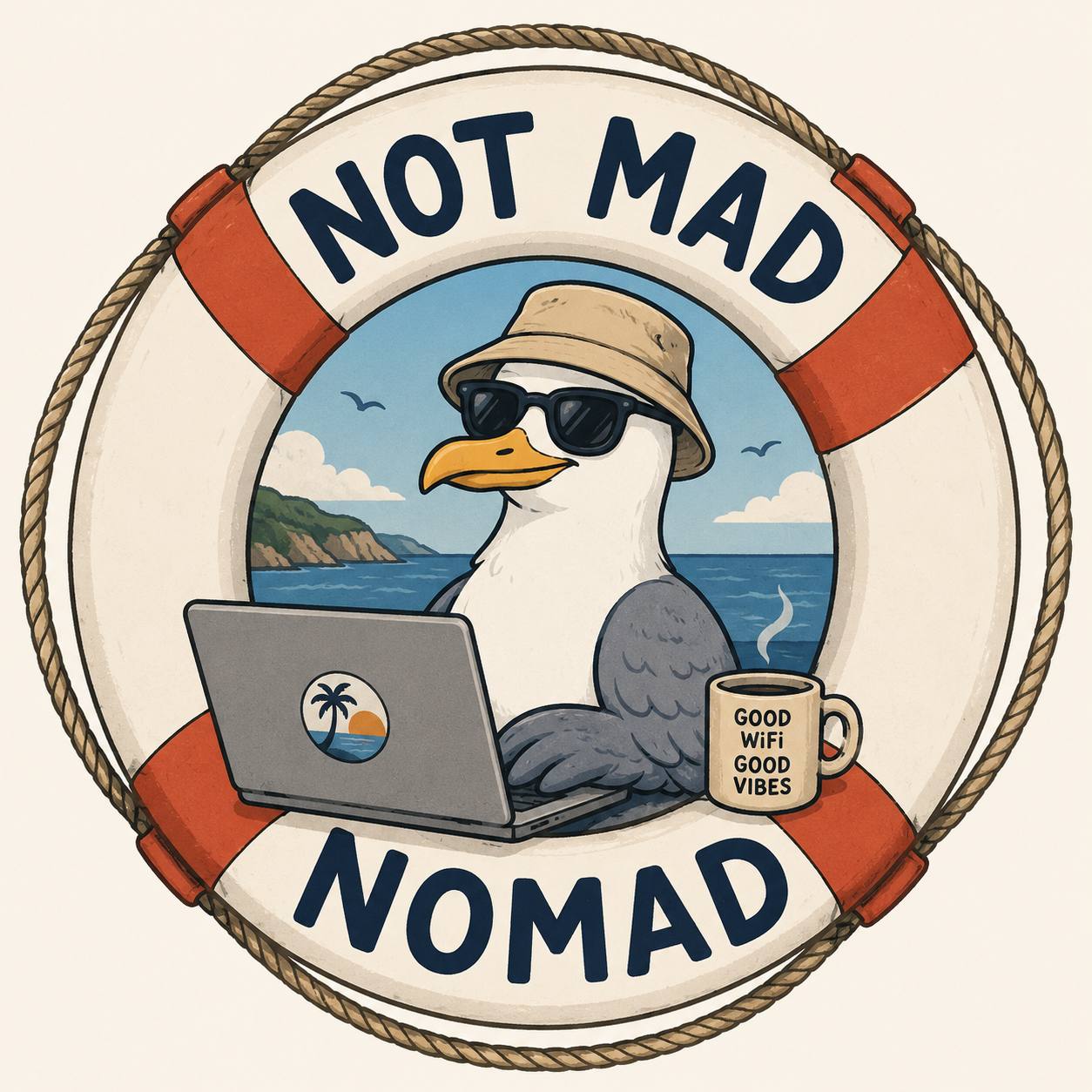 NotMadNomad — seagull mascot with laptop and coffee